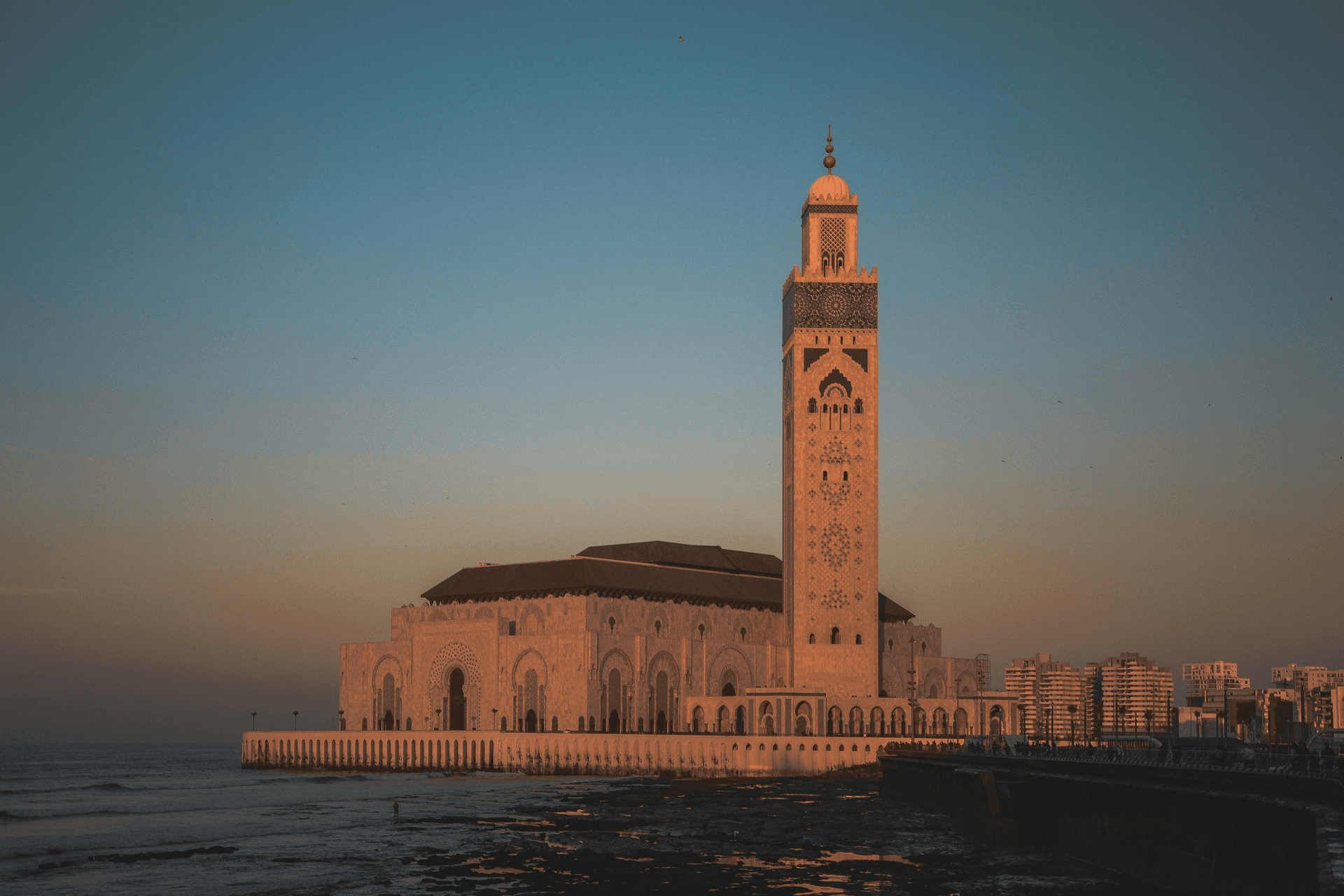 Hassan II Mosque at dusk